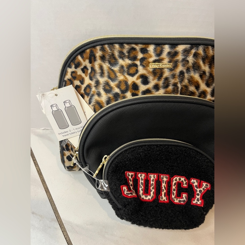 Juicy Couture Set Of 3 Black & Leopard Travel Make Up Toiletry Cosmetic Bags NWT - Picture 6 of 13